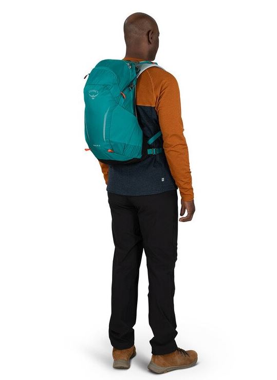 a photo of the osprey hikelite 18 in escapade green, back view on a model