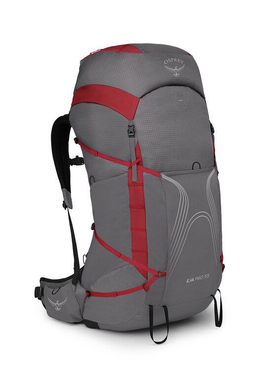 a photo of the osprey eja pro 55 backpack in the color dale grey poinsettia red, front view