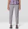 Person wearing gray pants and a patterned top on a white background