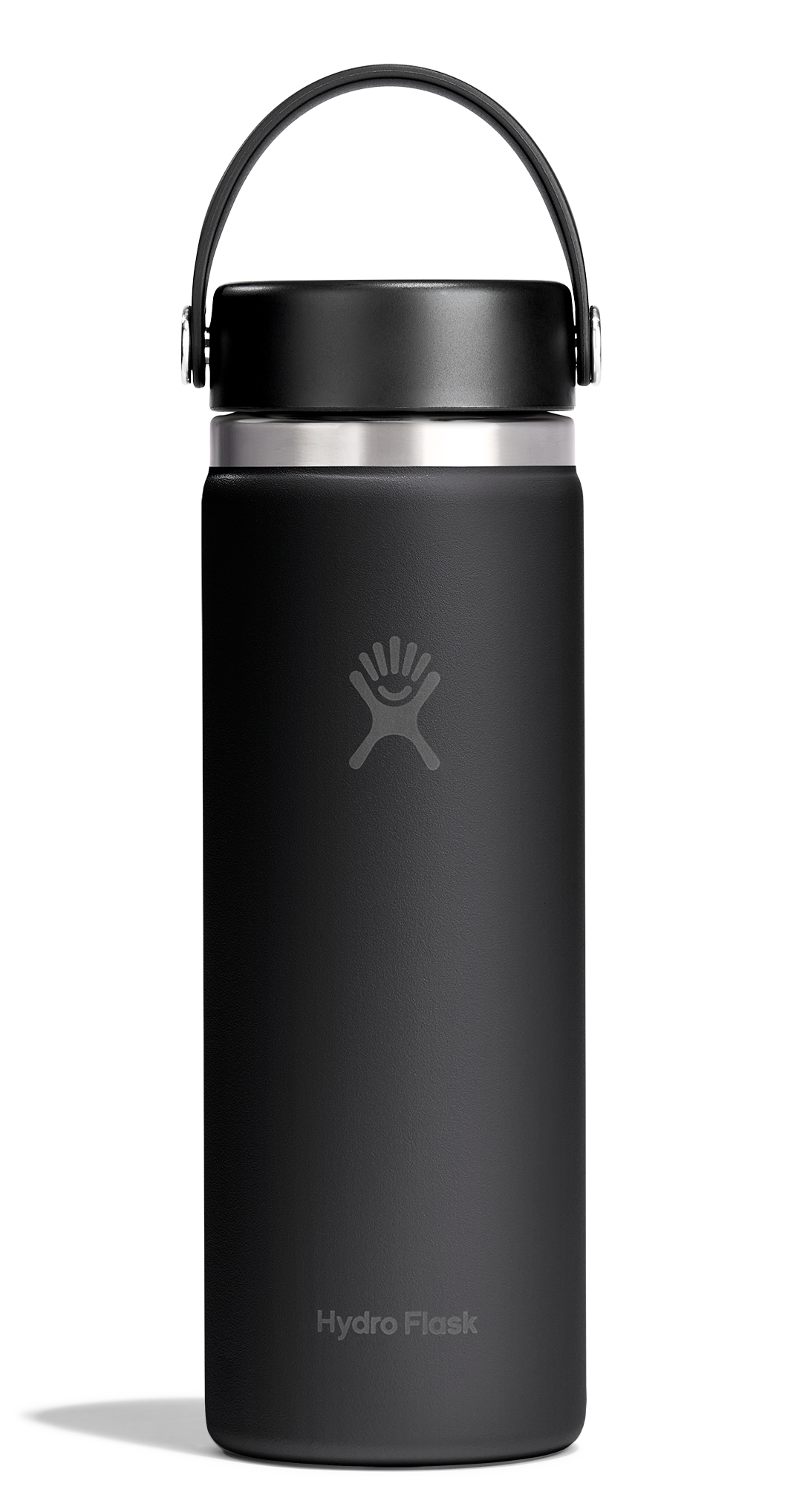 Black Hydro Flask water bottle with a black lid on a white background