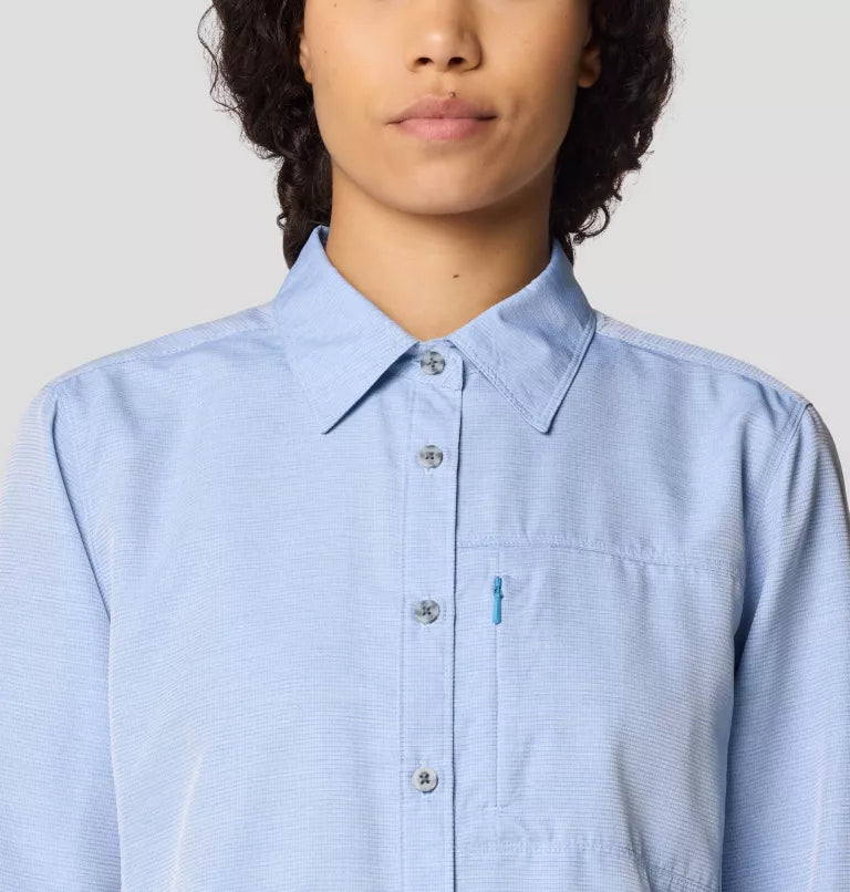 Mountain Hardwear Canyon Long Sleeve Sun Shirt Women's, deep lake, on model, front view, collar detail