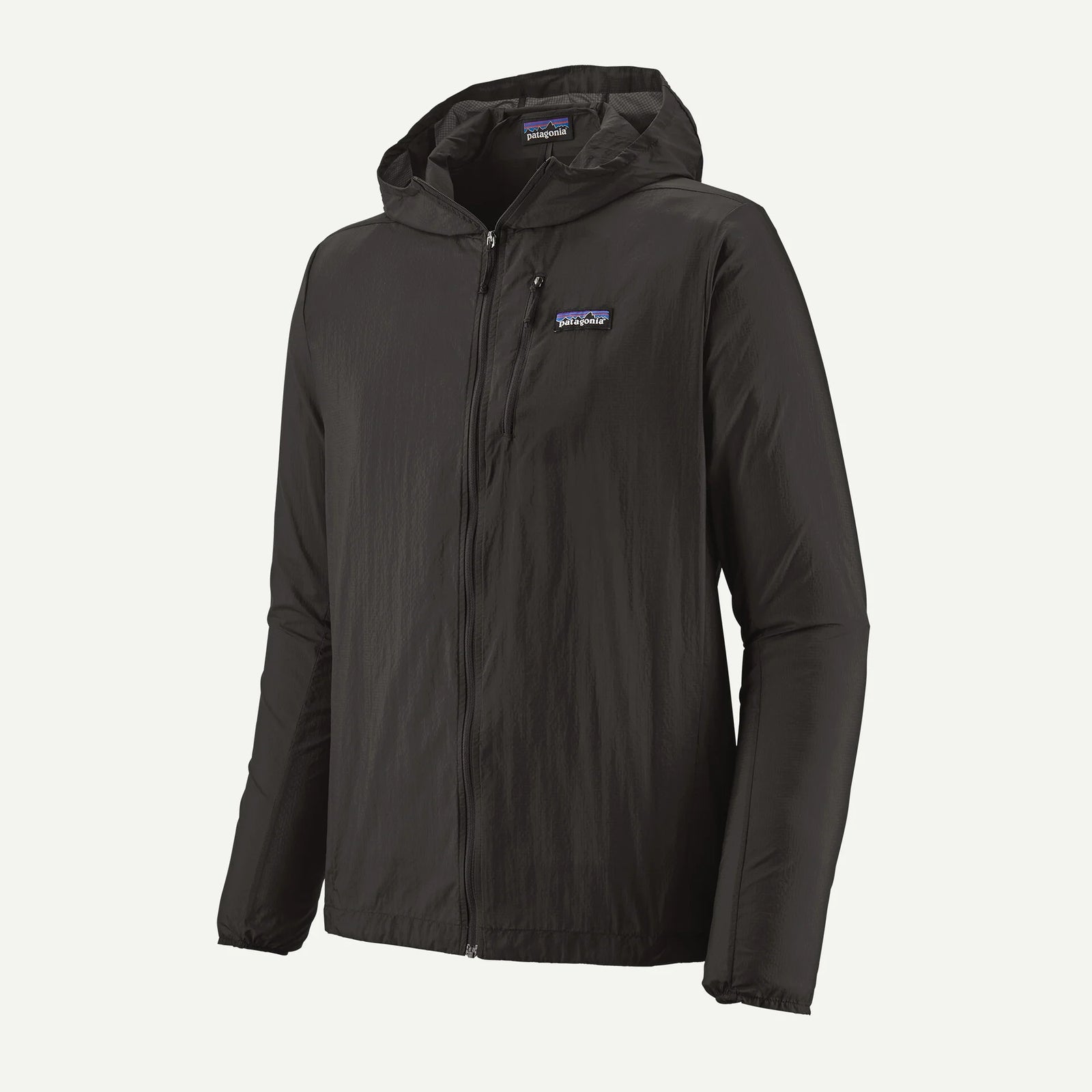 Black jacket with a Patagonia brand logo on a white background