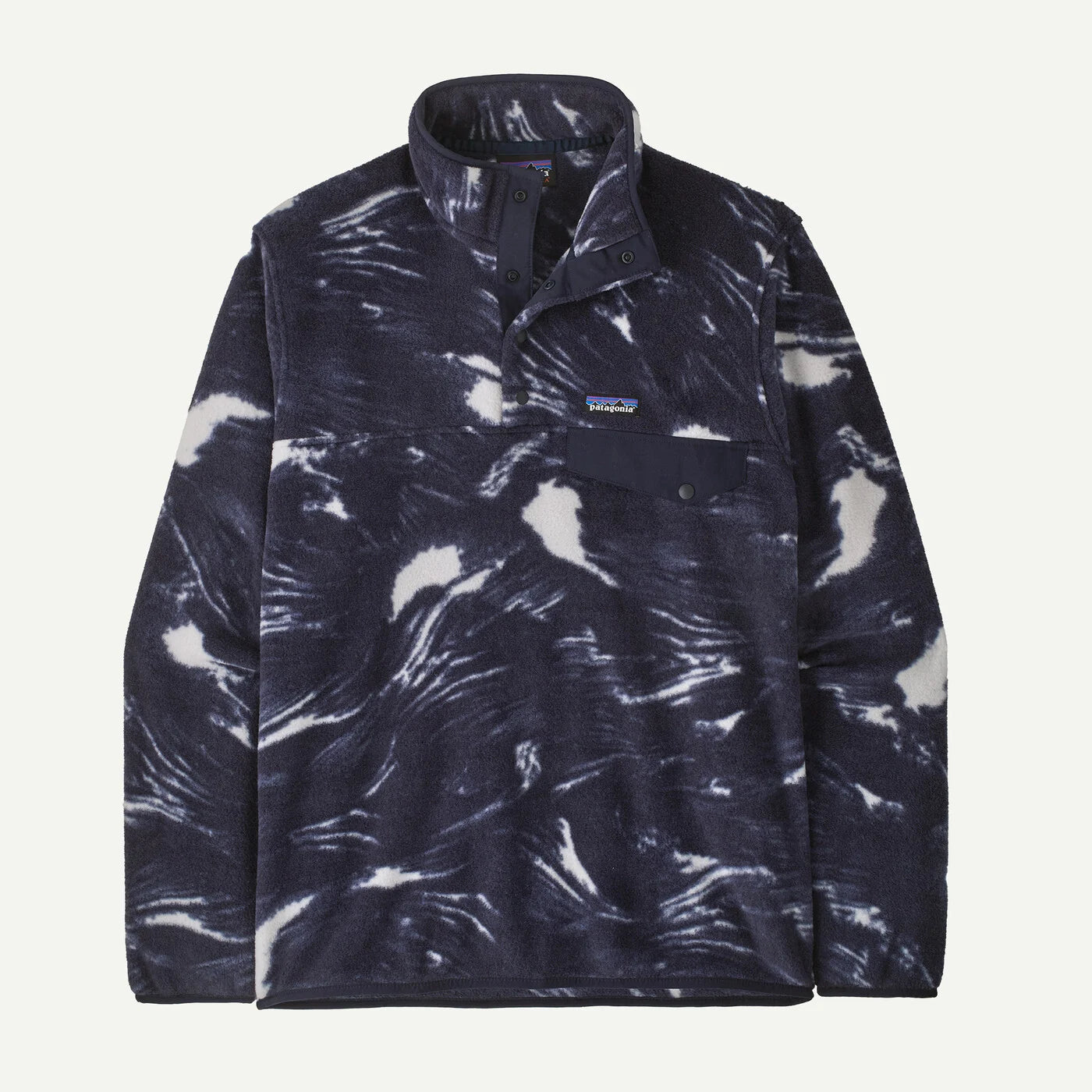 A Patagonia fleece pullover in a dark navy blue and white marbled pattern, featuring a stand collar, partial button placket, and a chest pocket with a small Patagonia logo.