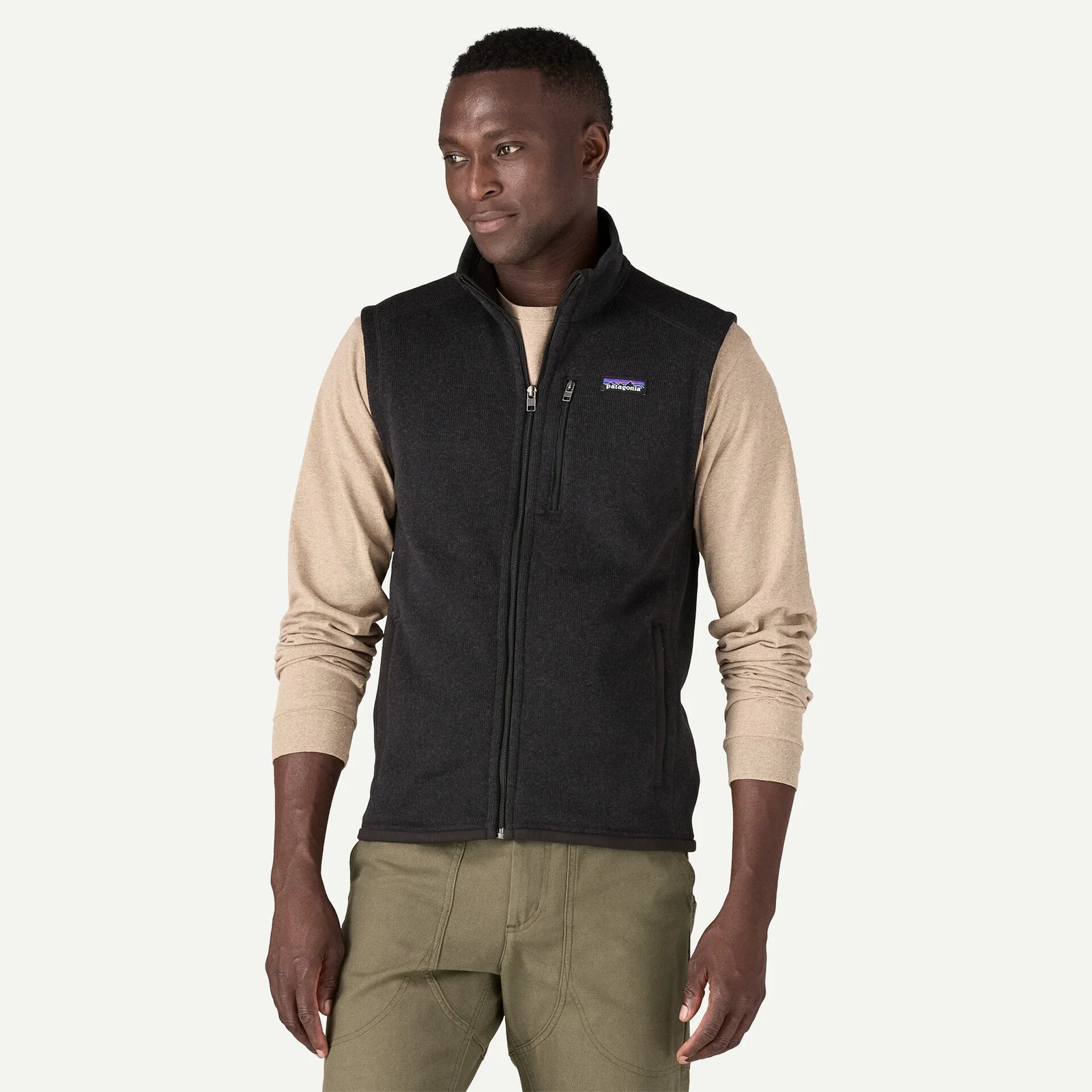 patagonia mens better sweater vest in black, worn by model