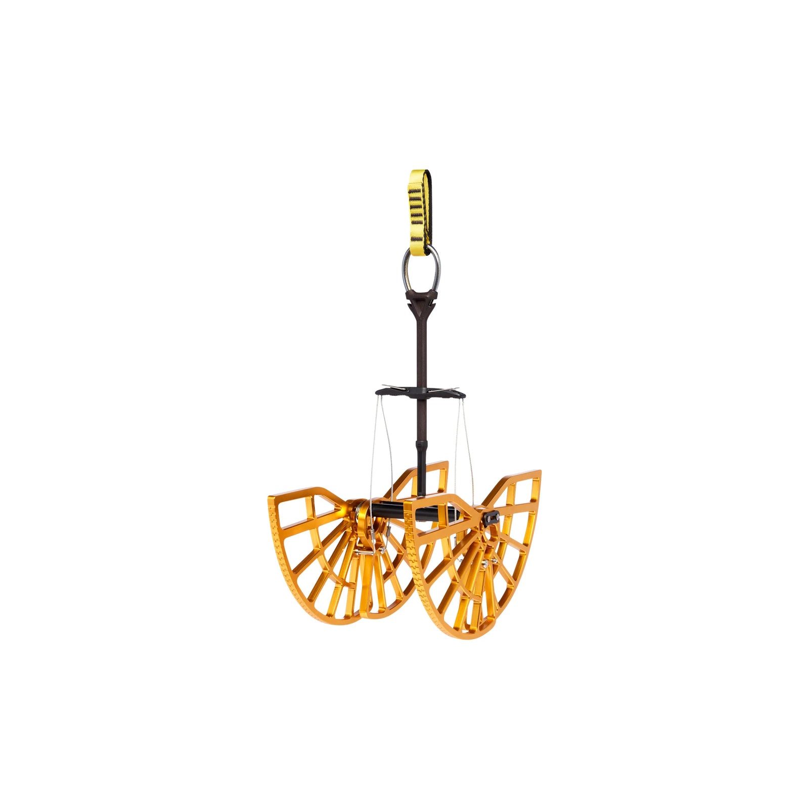 Yellow and black camalot device on a white background