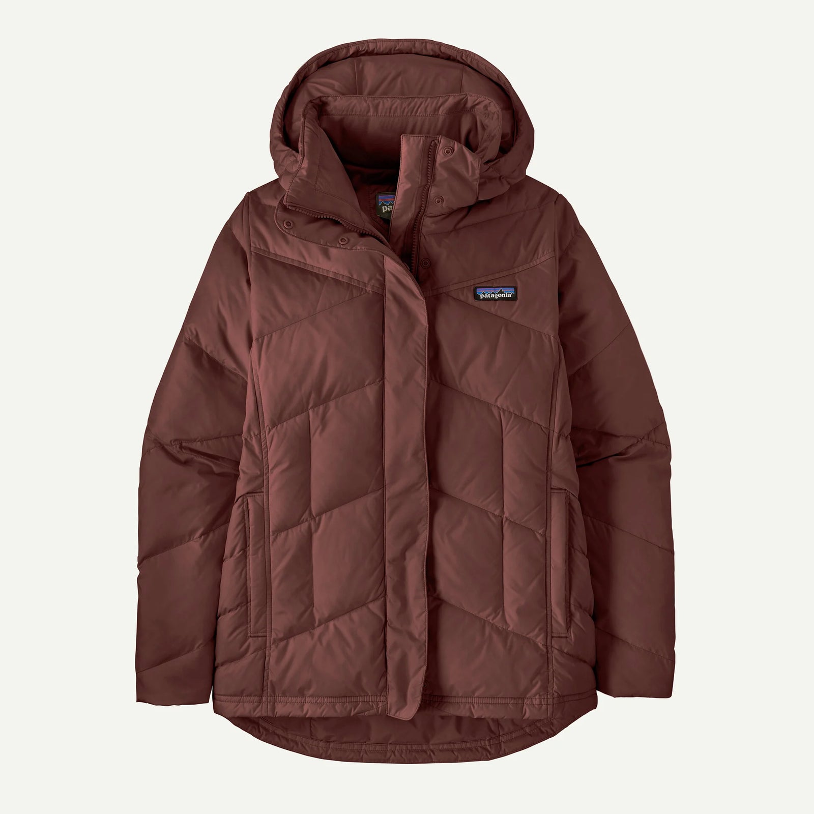 patagonia womens down with it jacket in the color dark ruby, front view
