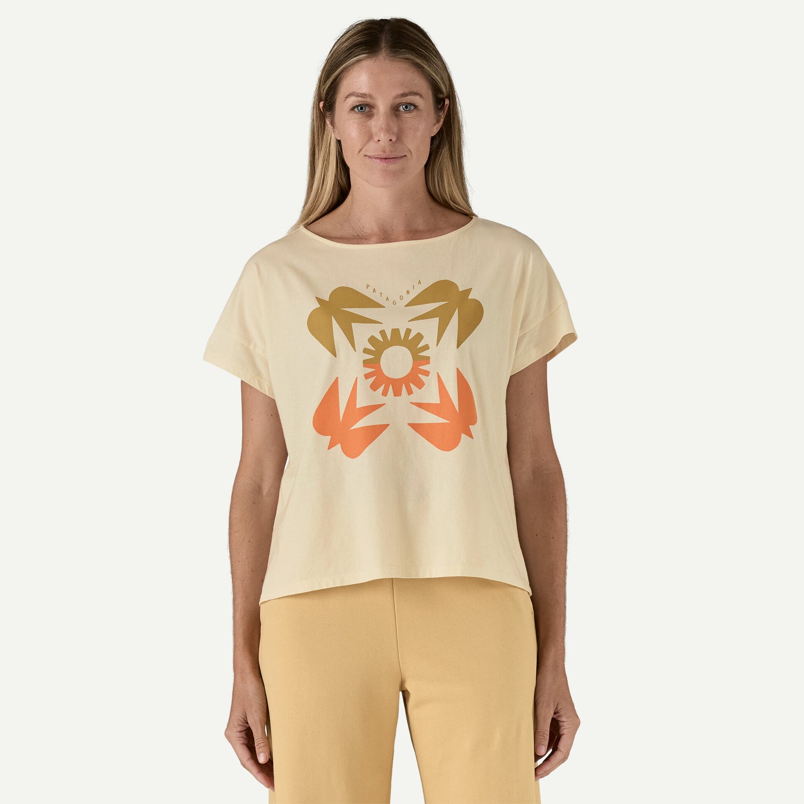 Patagonia Women's Sunfirst Relaxed Drop-Sleeve Organic T-Shirt in undyed natural, worn by model, front view