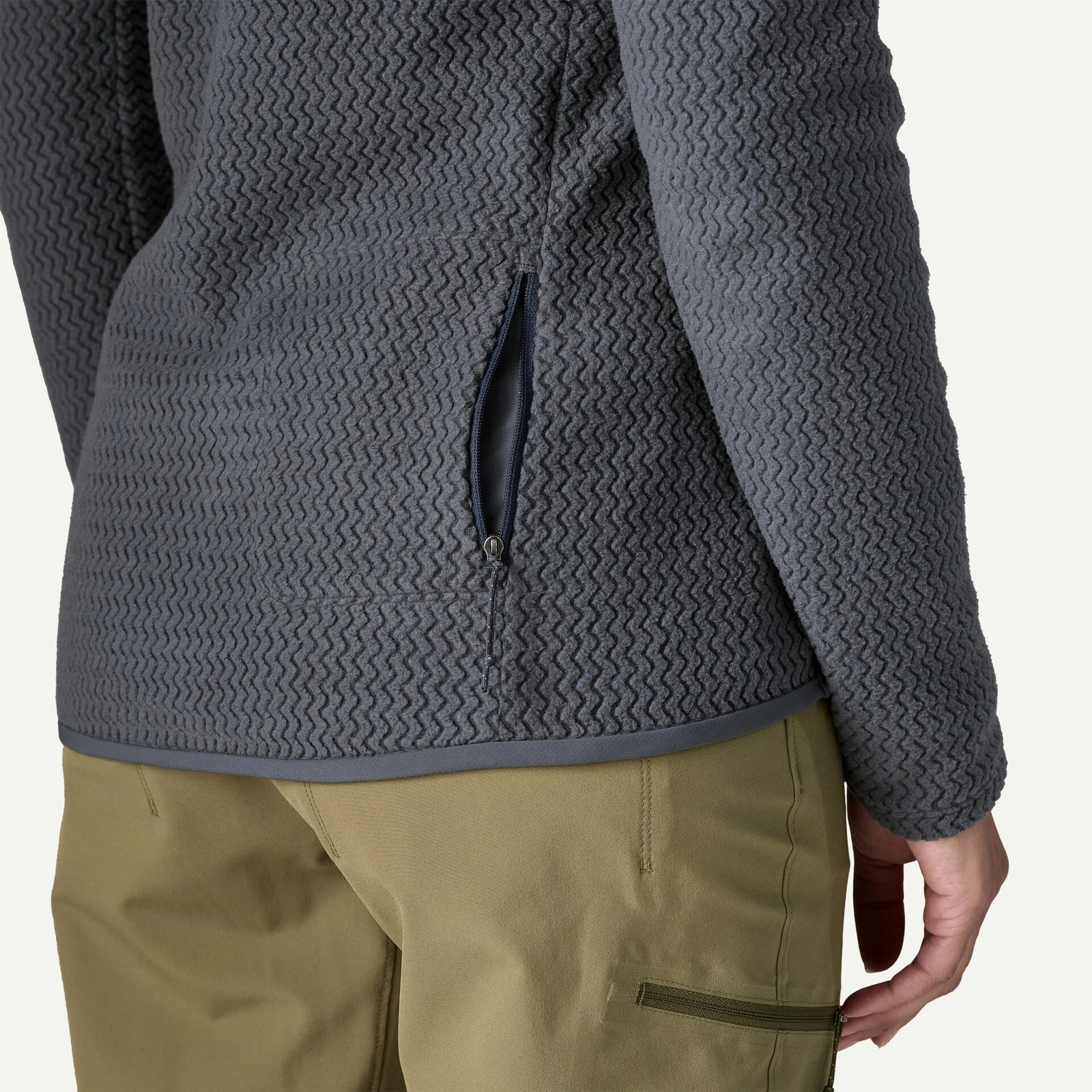 Patagonia R1® Air Fleece Zip-Neck Women's in smolder blue, on model, hidden back pocket