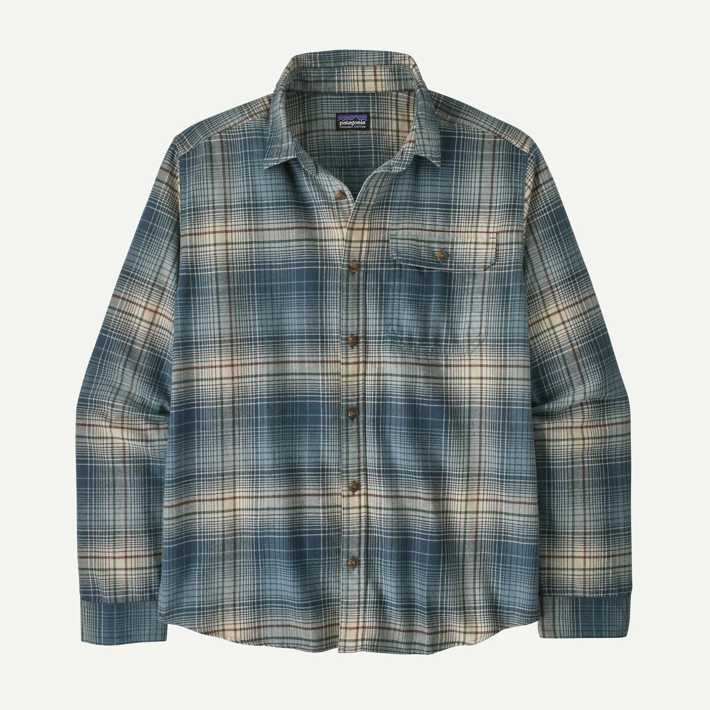 A Patagonia long-sleeve button-up flannel shirt in a blue, beige, and brown plaid pattern, shown against a plain white background.