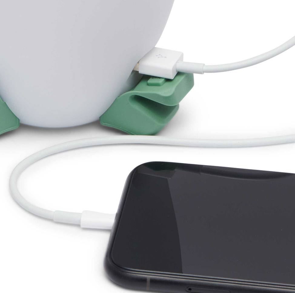 Black diamond orbiter 450 headlamp in the color sage, detail view showing the usb port