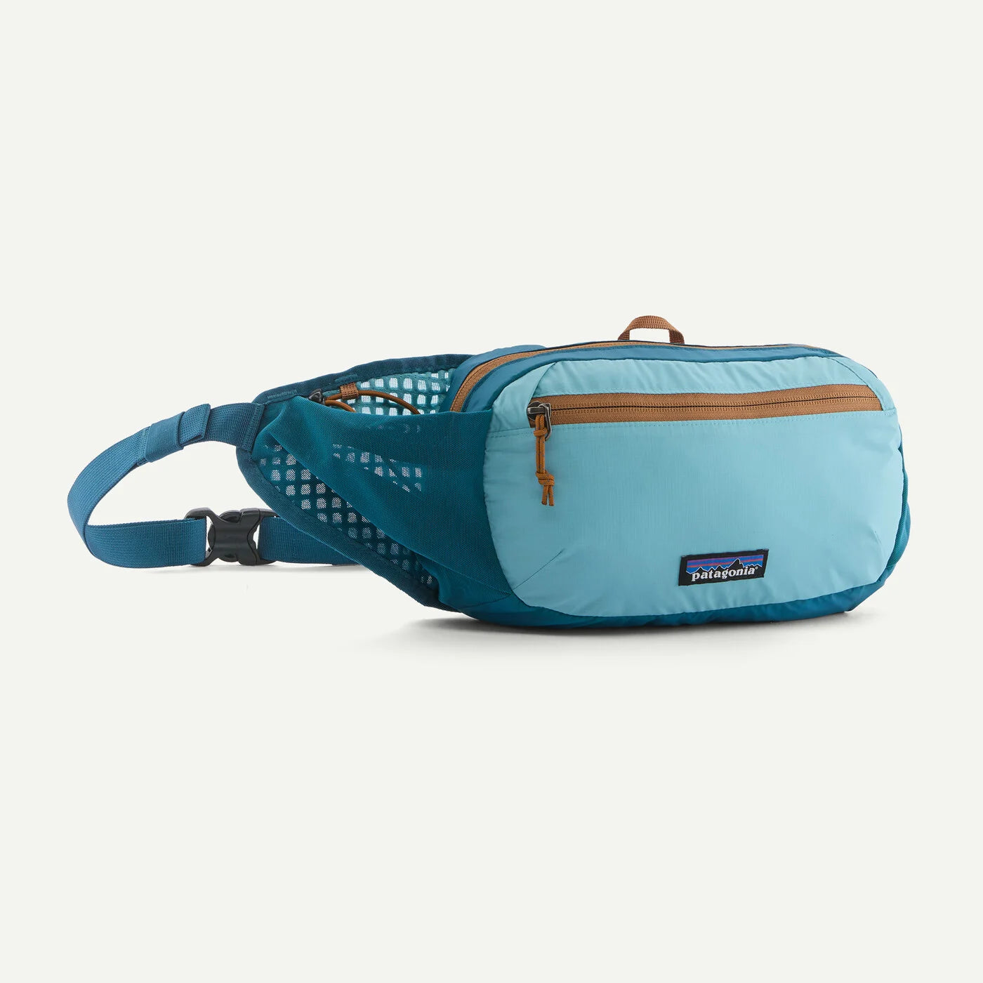 A light blue and teal Patagonia hip pack with brown zipper, shown on a clean off-white background.