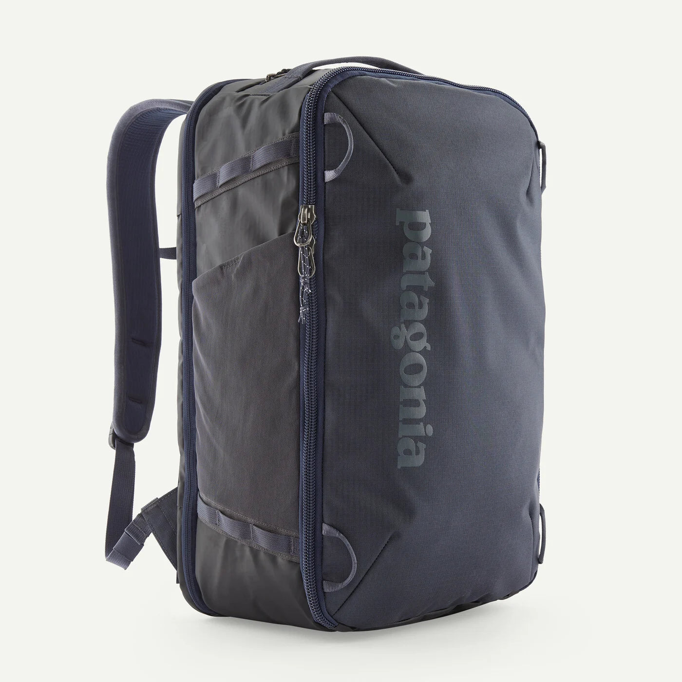 Navy-Gray backpack with Patagonia branding on a white background
