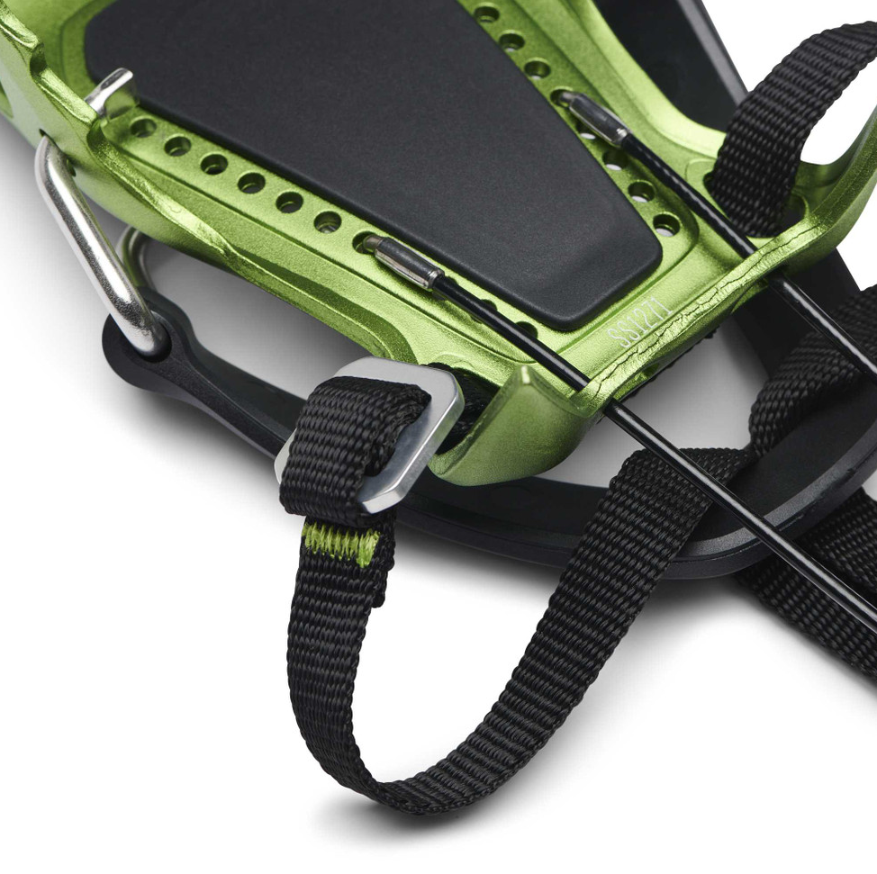 the black diamond neve strap crampon, view of the cable adjustment system