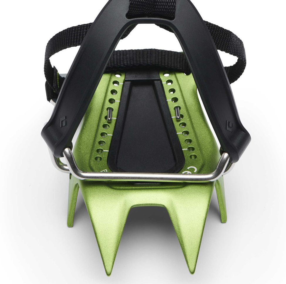 the black diamond neve strap crampon, view of the front points