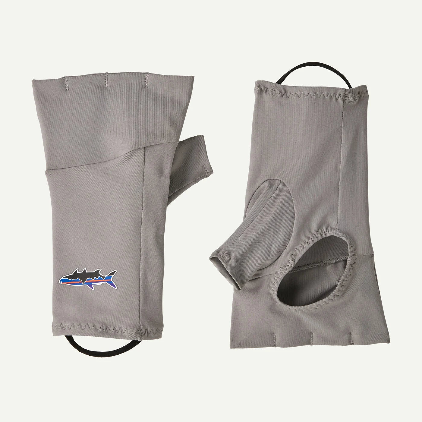Gray fishing glove with a logo on a white background