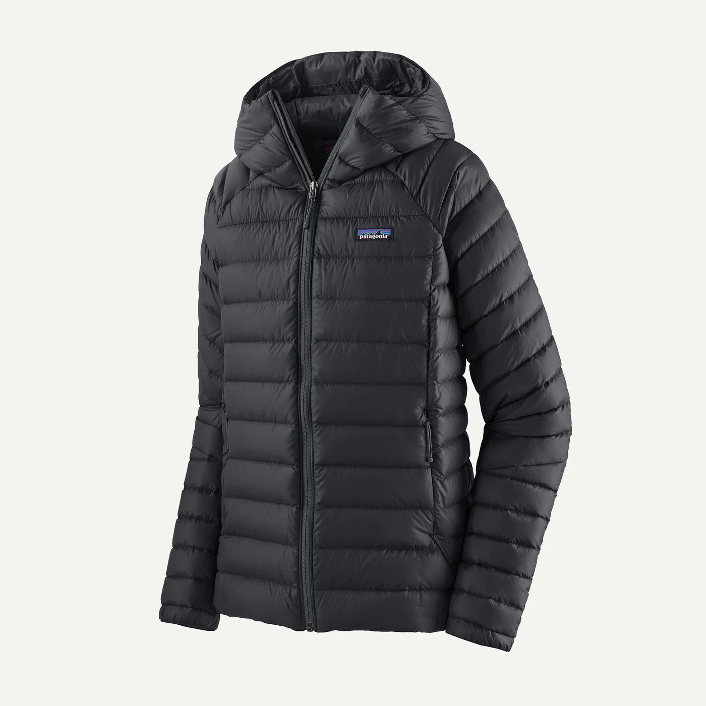 Black puffer jacket with a brand logo on a white background