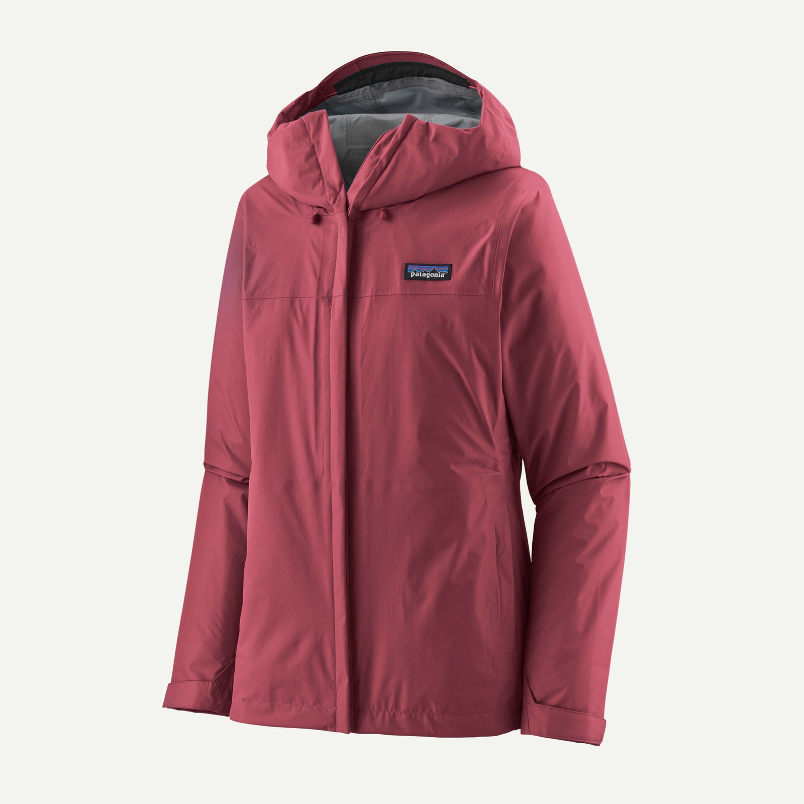 a photo of the patagonia womens torrentshell rain jacket in the color marion red, front view