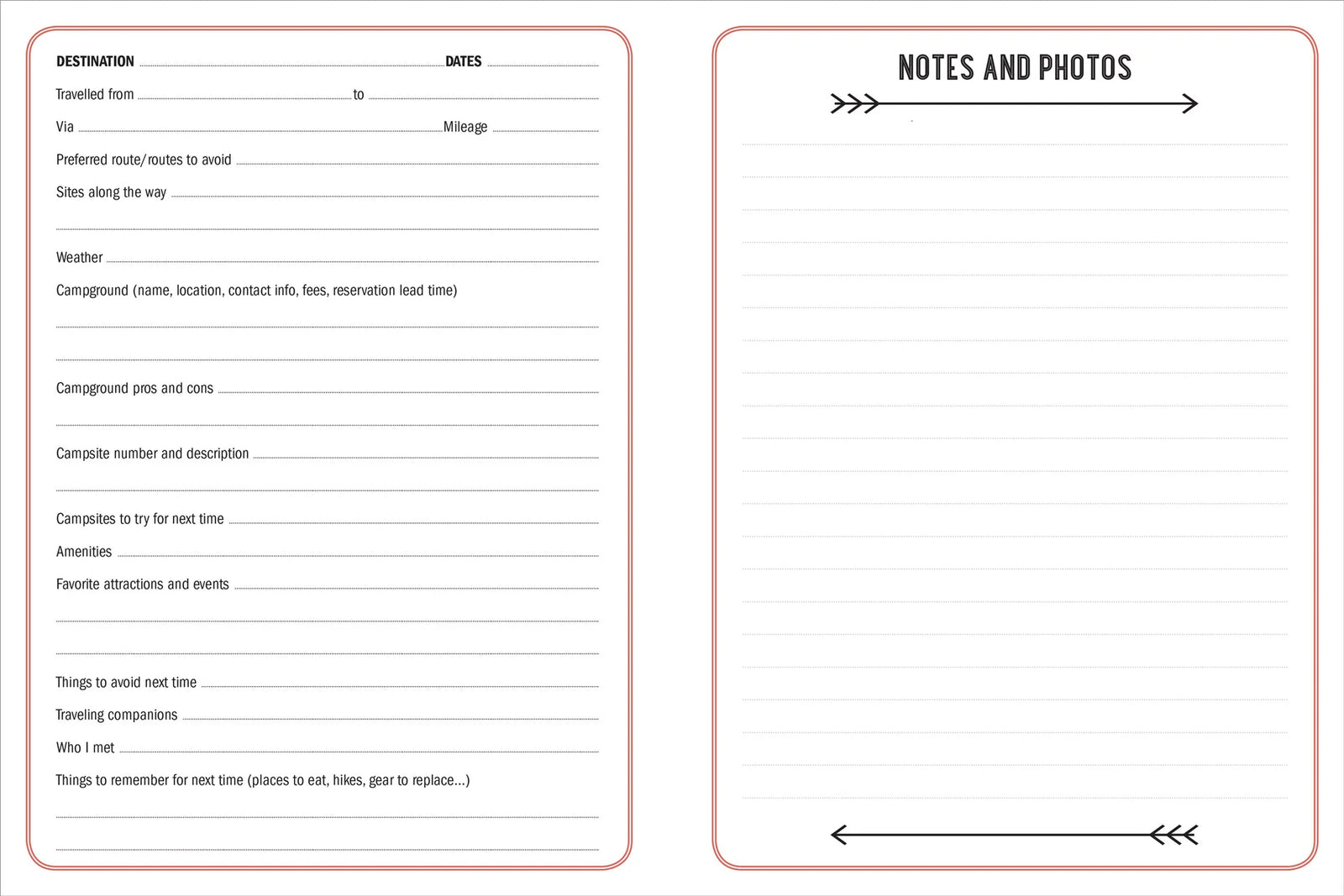 camping logbook double page with fillable prompts
