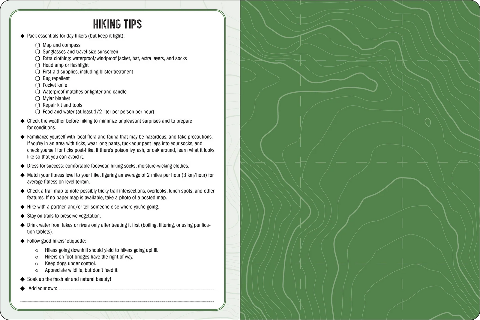 Hiking tips guidebook with green topographic design on cover