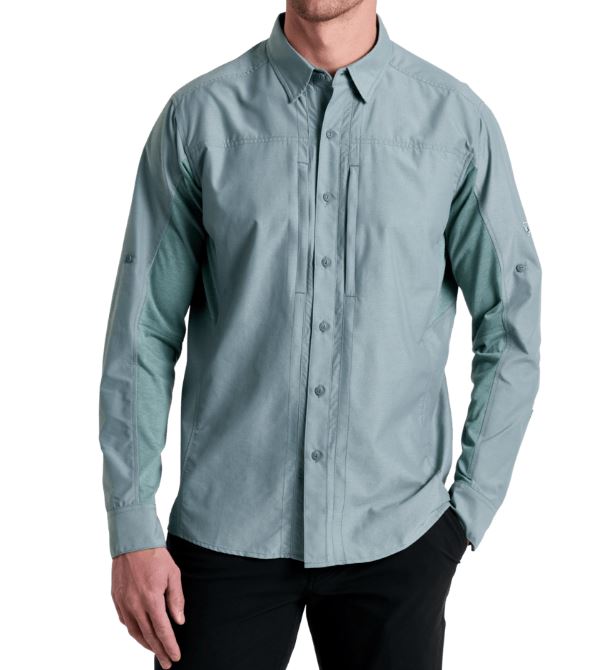 a model wearing the kuhl airspeed long sleeve mens shirt in the color blue alloy