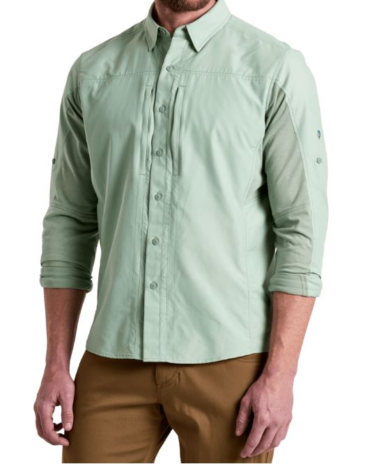 a model wearing the kuhl airspeed long sleeve mens shirt in the color desert sage, front view
