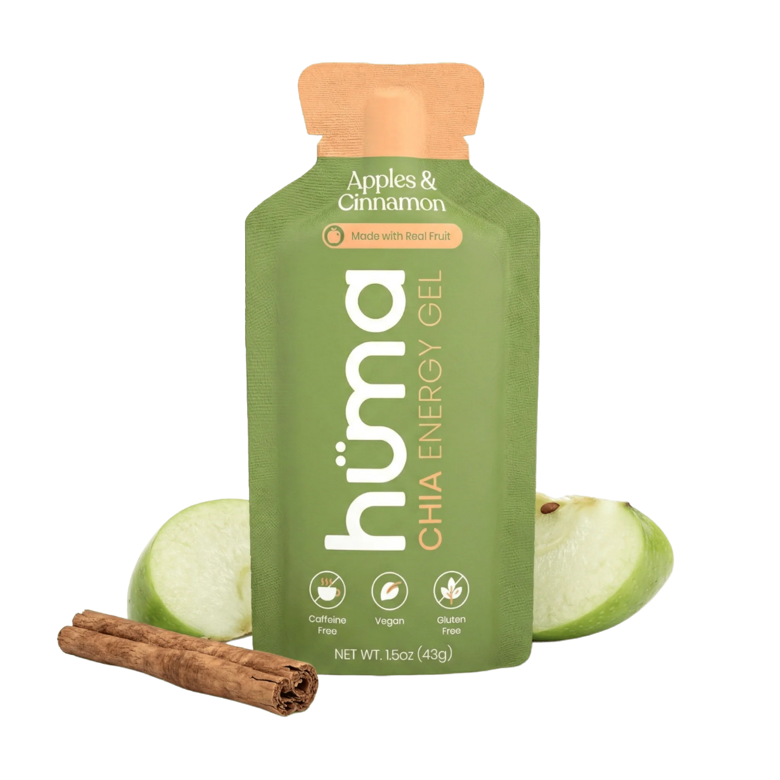 Green hüma chia energy gel package with apples and cinnamon on a white background