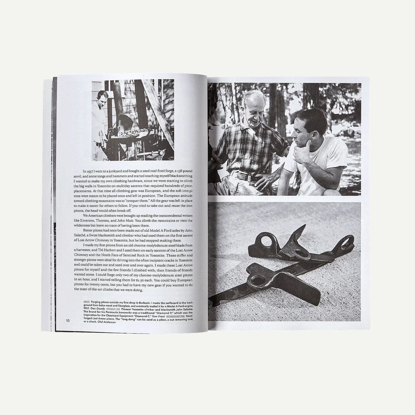 Open book showing text, and black and white photos of people and tools on a white background