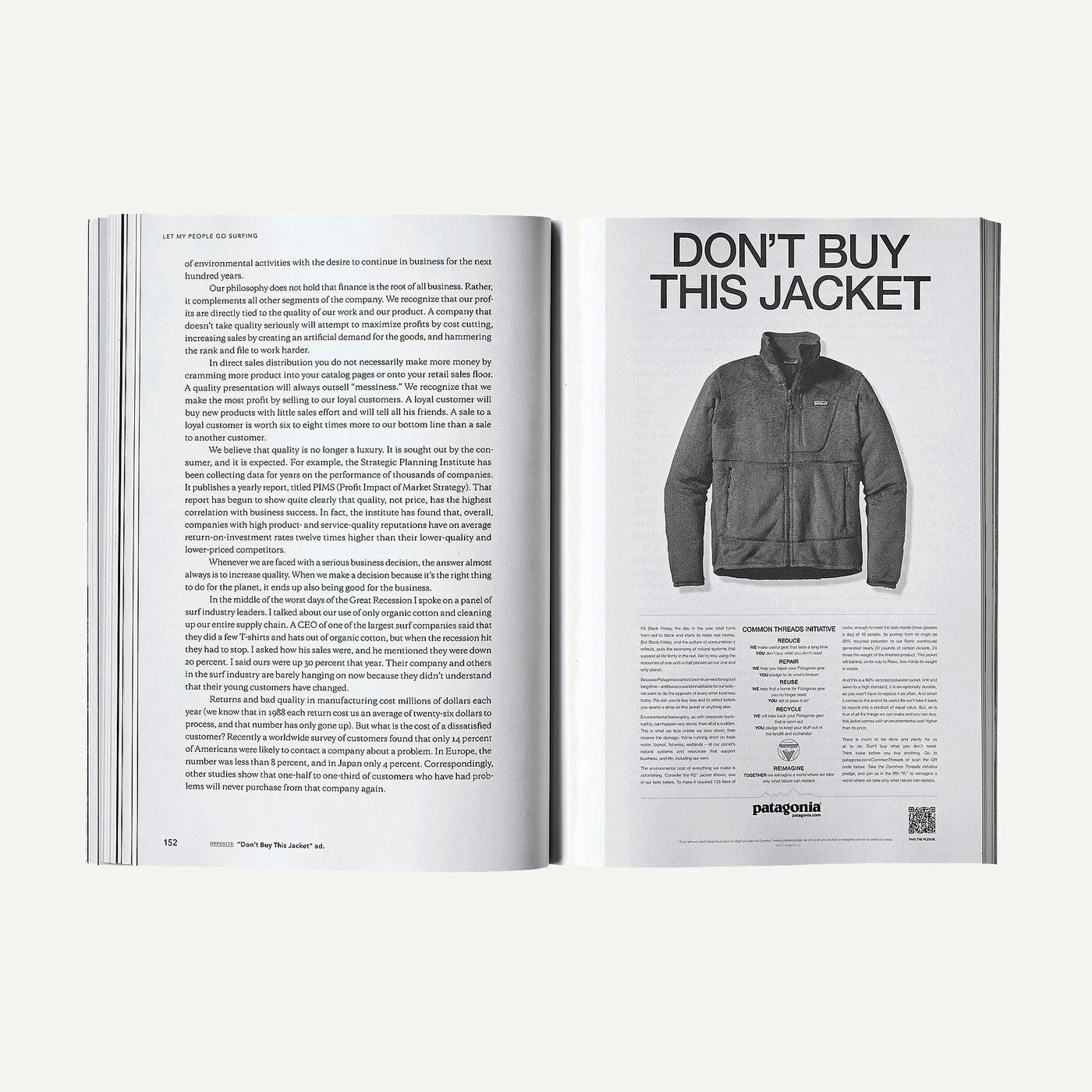 An open book spread showing a jacket featured in a printed ad. The left page contains book text, and the right page has the headline 'DON'T BUY THIS JACKET' above a grayscale photo of a zip-front jacket, with more text below.