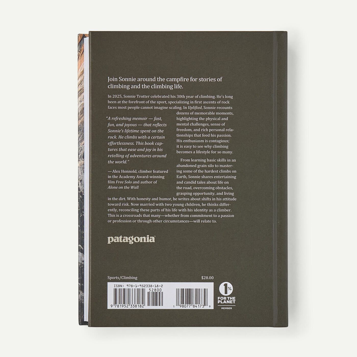 The back cover of the book 'Uplifted' by Sonnie Trotter, featuring a dark brown background with white text, a barcode, and a small circular logo at the bottom right.