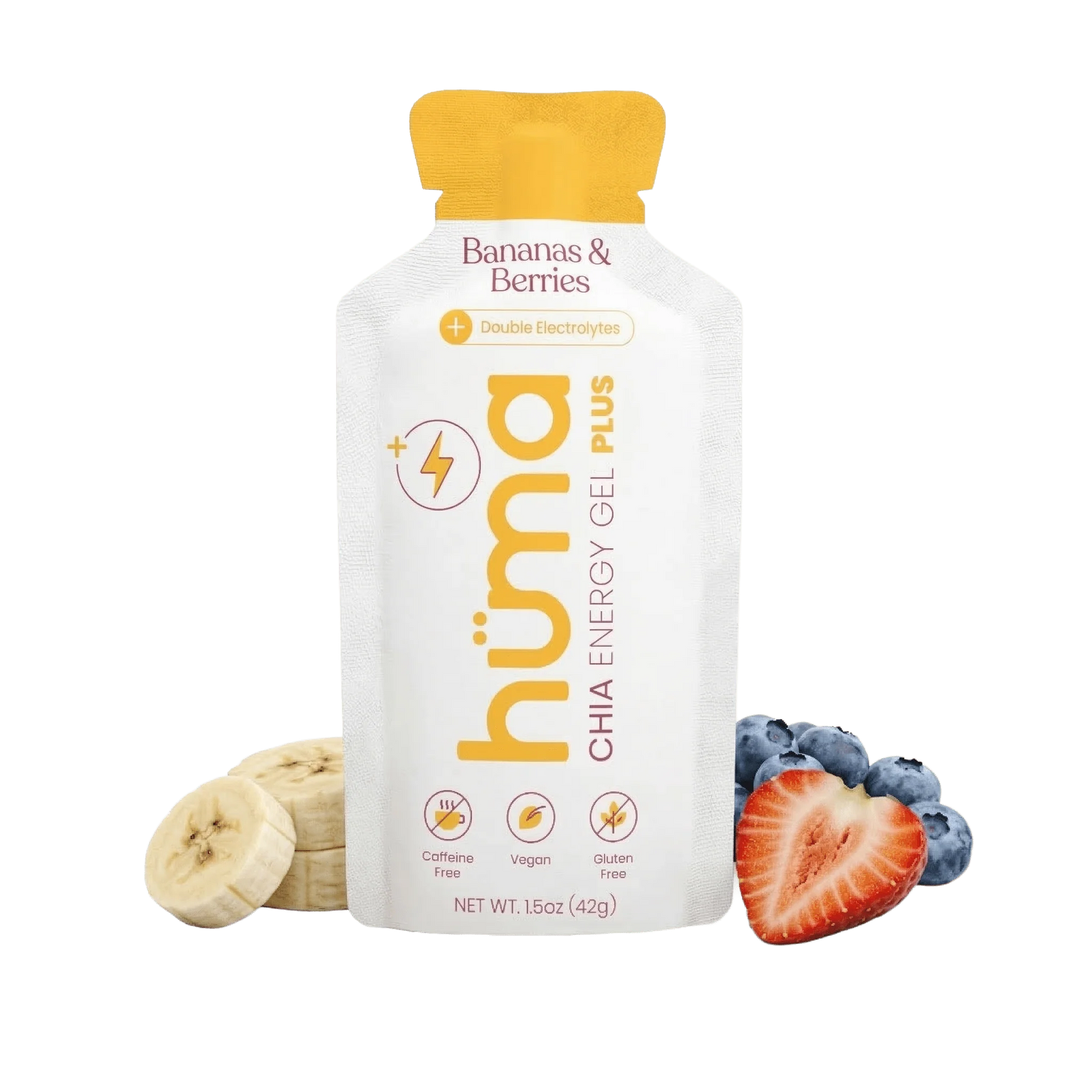 A 1.5 oz pouch of hümä Chia Energy Gel Plus in Bananas & Berries flavor, shown on a white background with banana slices on the left and blueberries and a strawberry on the right.