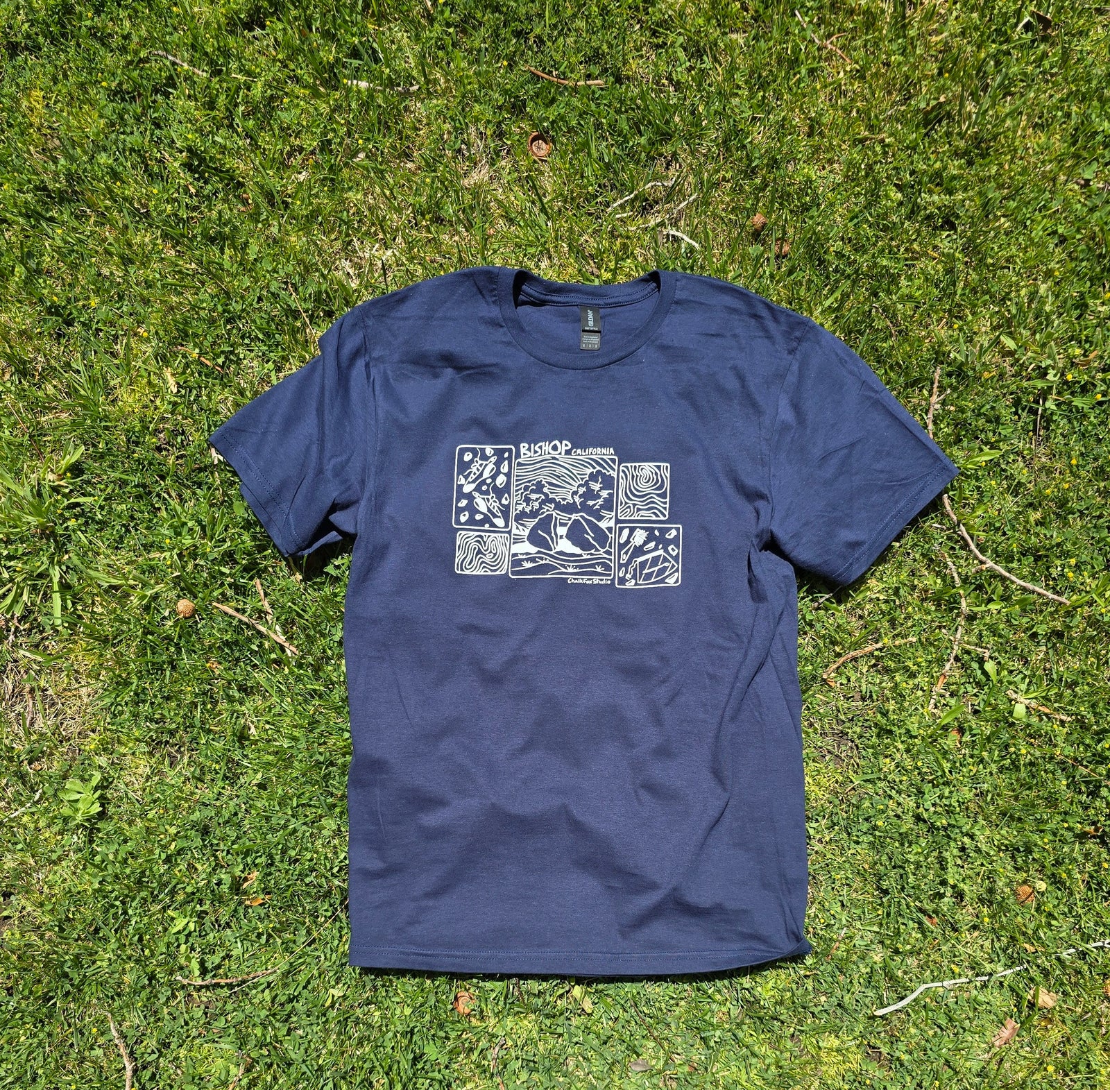 Blue t-shirt with graphic design on grass