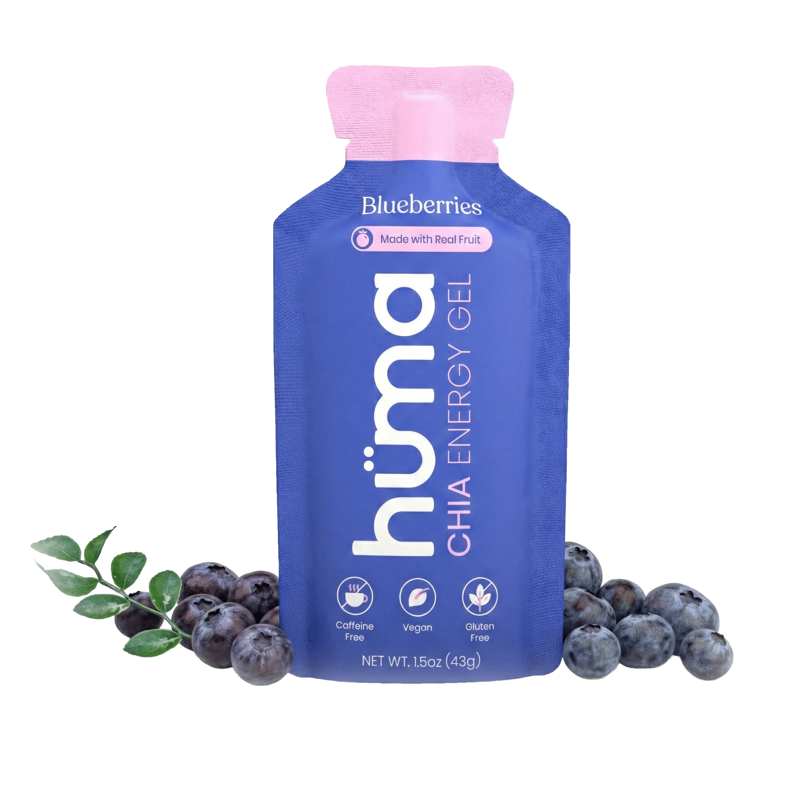 A blueberry-flavored chia energy gel pouch by hümä, shown on a white background with blueberries and green leaves arranged around the base of the pouch.
