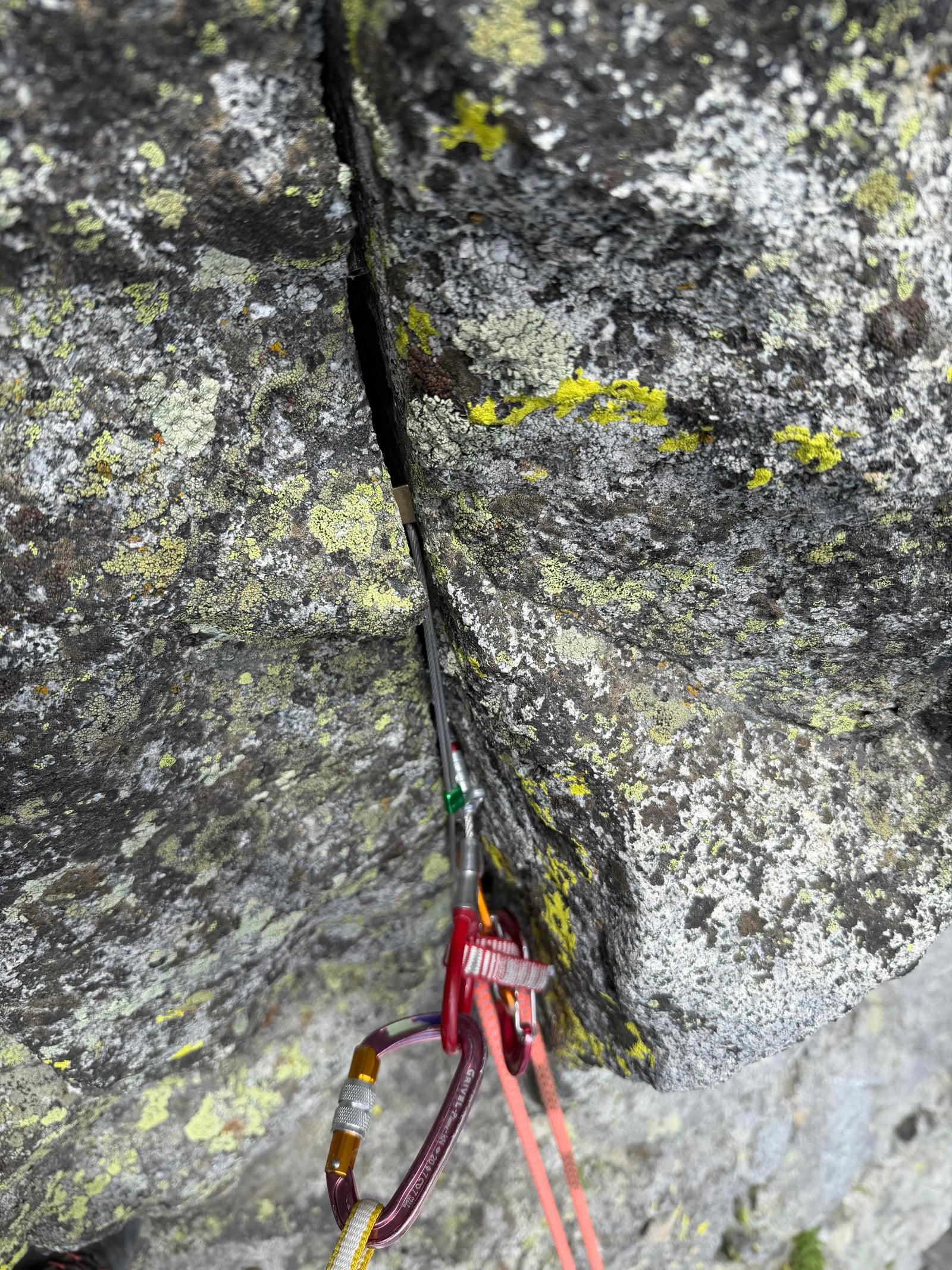 Close-up of climbing gear attached to a rock face, including a metal rope, red and orange cords, and a carabiner, set against textured gray stone with yellow-green lichen.