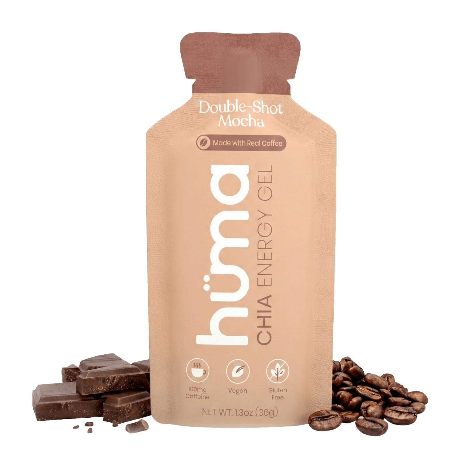 A 1.3 oz pouch of hümä Double-Shot Mocha Chia Energy Gel, styled with chocolate pieces and coffee beans on a white background.