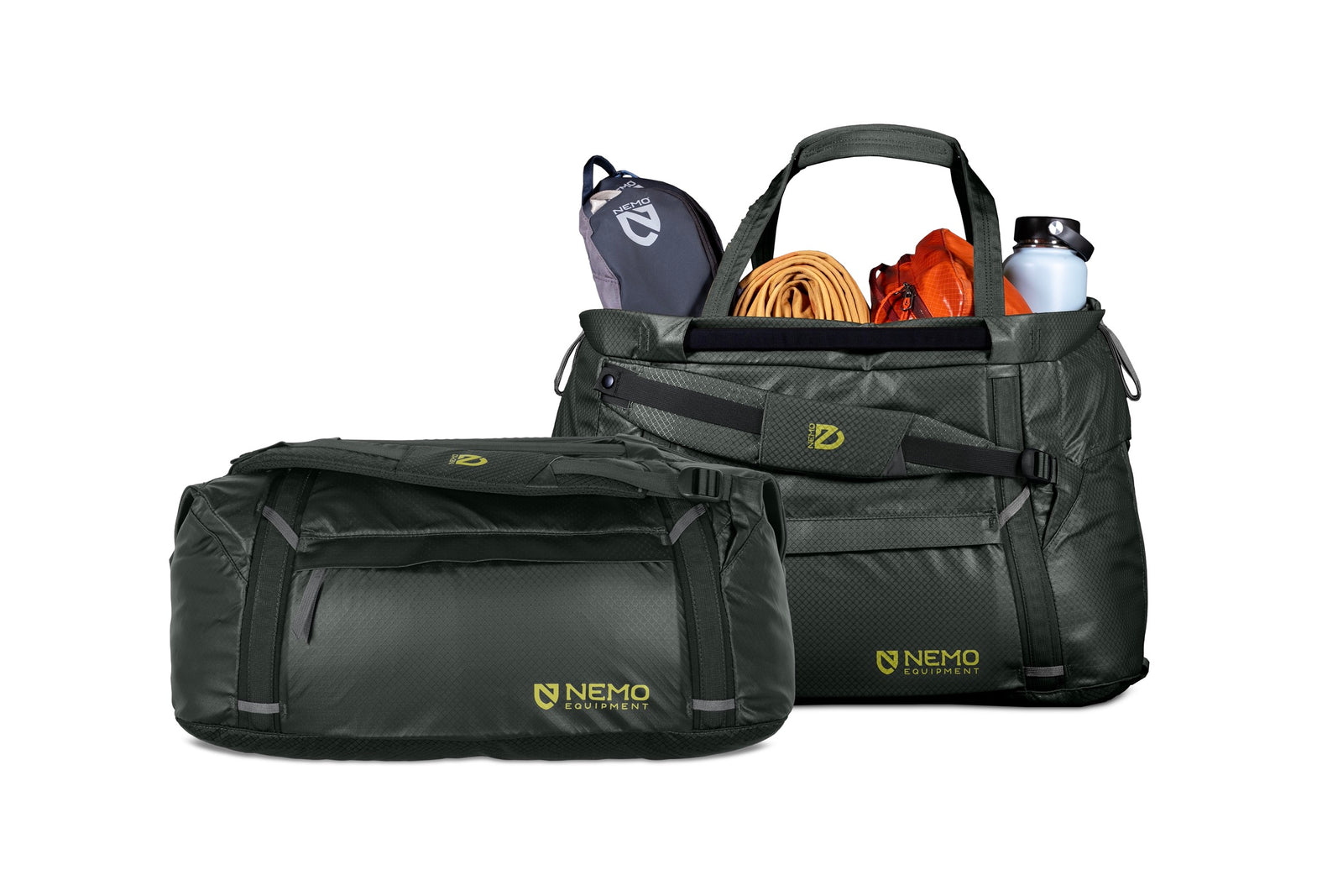 Two black duffel bags with visible NEMO branding on a white background