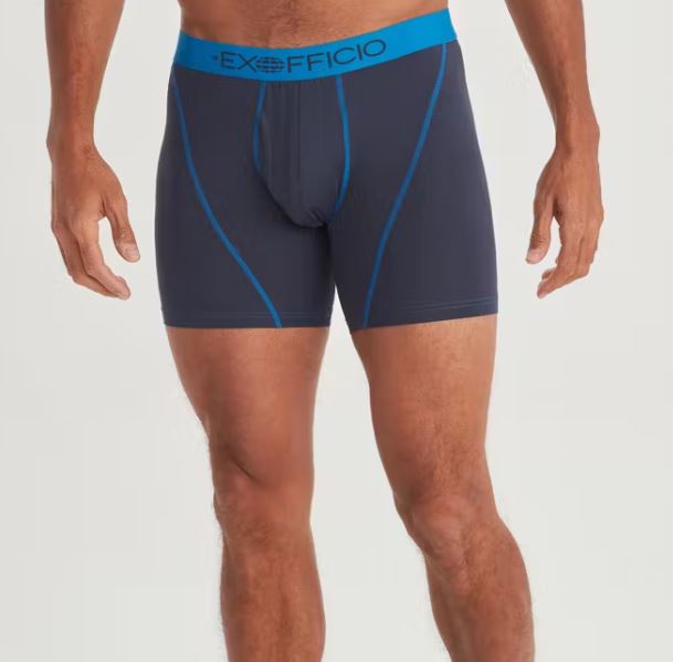 Ex Officio Men's Give-N-Go 2.0 Sport Mesh 6'' Boxer Brief in the colors Navy/Skydiver, worn by model