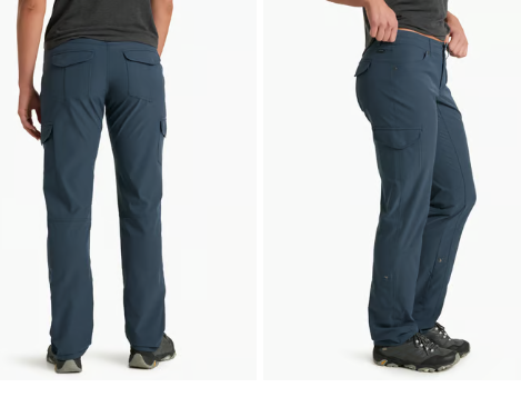 A side-by-side comparison of a pair of dark slate blue cargo pants shown on a model from the back on the left and from the side on the right, against a clean white background.