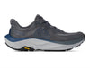 A gray and blue running shoe with a white and gray midsole and a black Vibram outsole, shown from a side profile on a white background.