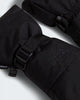 Close-up of a black The North Face insulated glove cuff with a buckle strap and tonal embossed logo, shown on a light gray background.