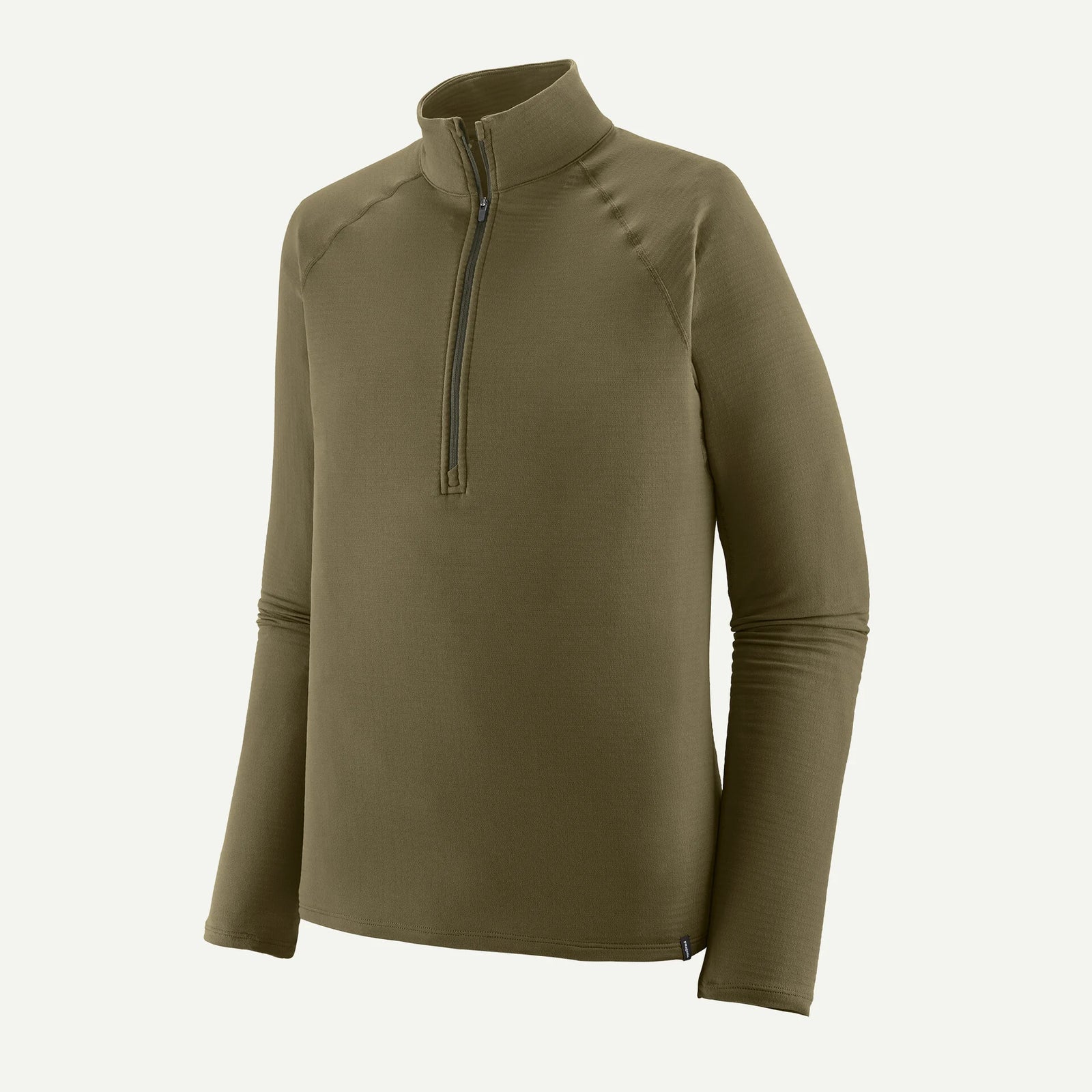 An olive green long-sleeve quarter-zip pullover top, shown on a clean off-white background.
