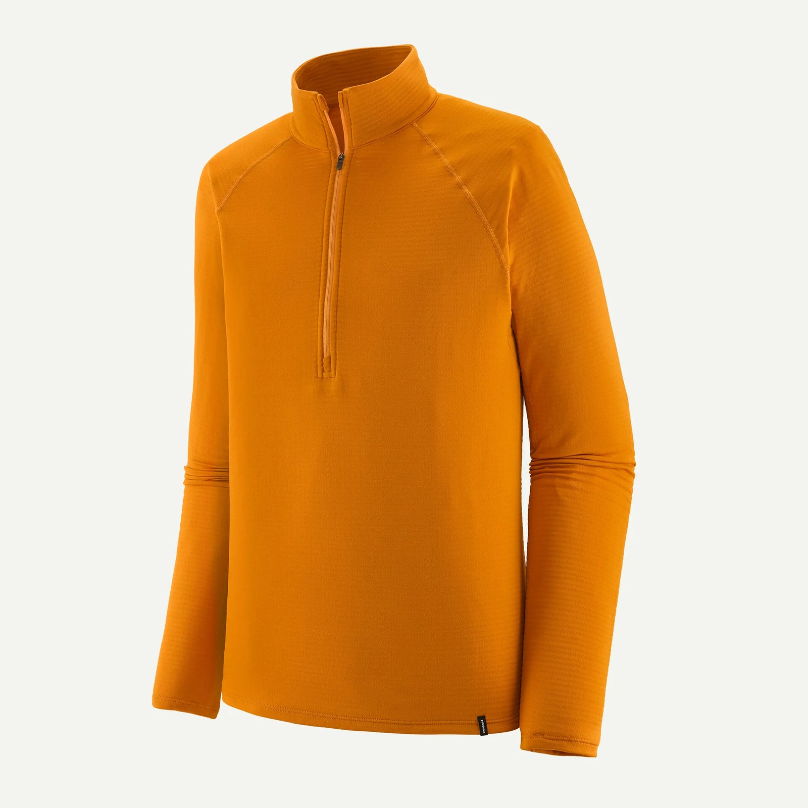 A bright orange long-sleeve quarter-zip pullover top with a mock neck collar, displayed on a clean off-white background.