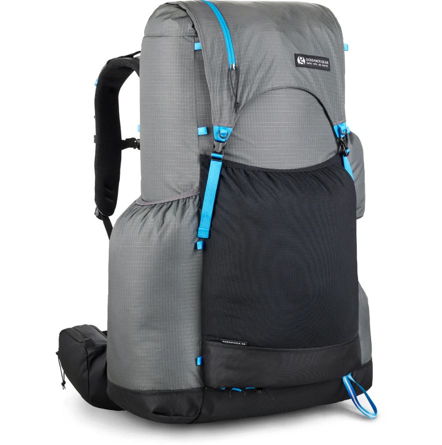 Gossamer Gear Mariposa 60L Ultralight Backpack in grey, front left