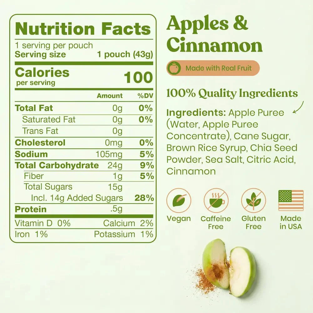 Nutrition facts label for a product labeled 'Apples & Cinnamon' with ingredients listed.