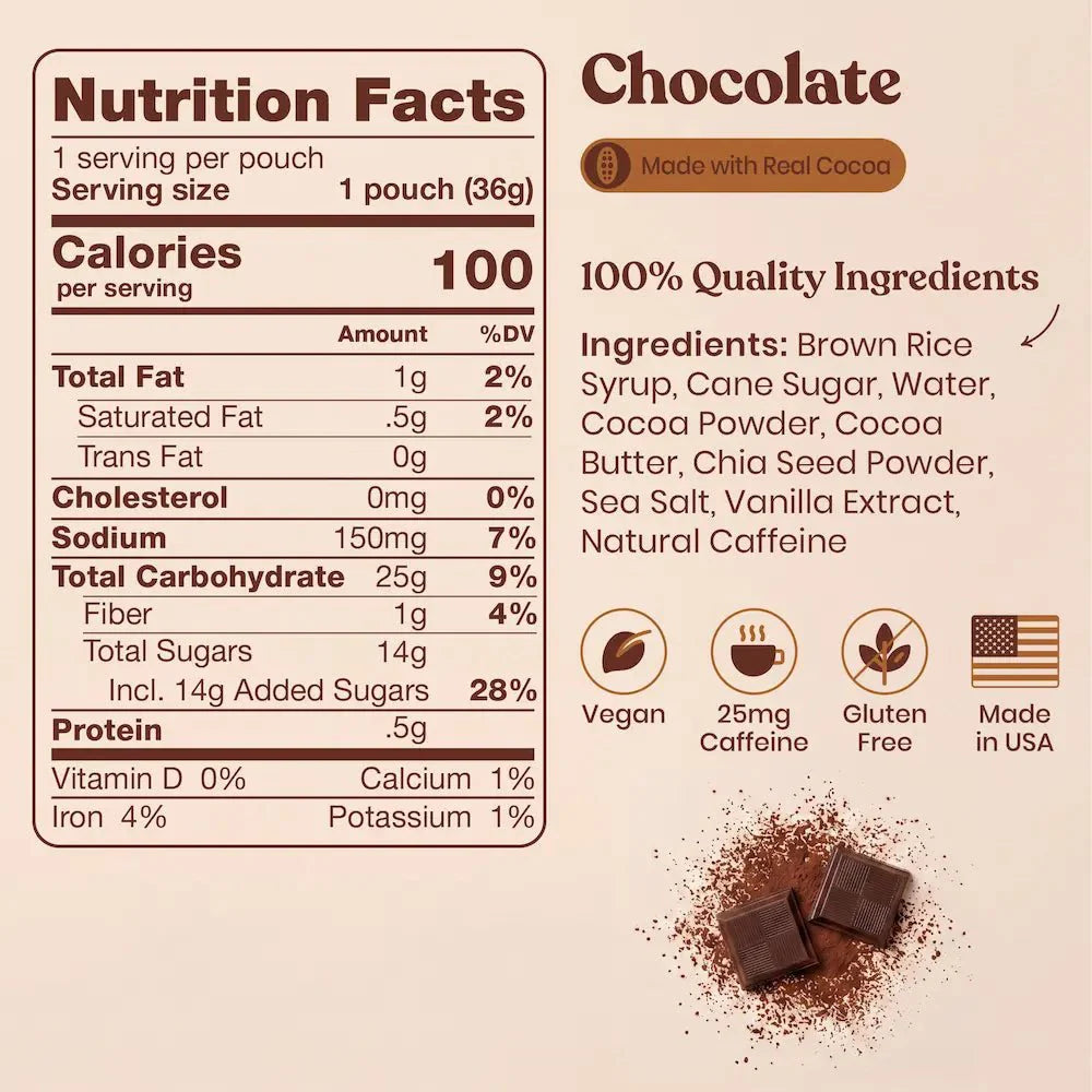 Nutrition facts label and ingredients list for a chocolate product on a beige background.