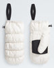 A pair of puffer-style mittens shown flat against a light gray background, with one mitten displaying the front and the other showing the back. The mittens are off-white with black wrist loops, black trim, and a black mesh pocket panel.