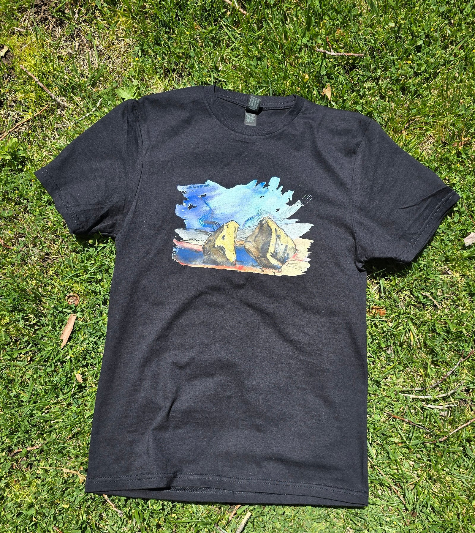 Black t-shirt with a colorful boulder graphic on grass