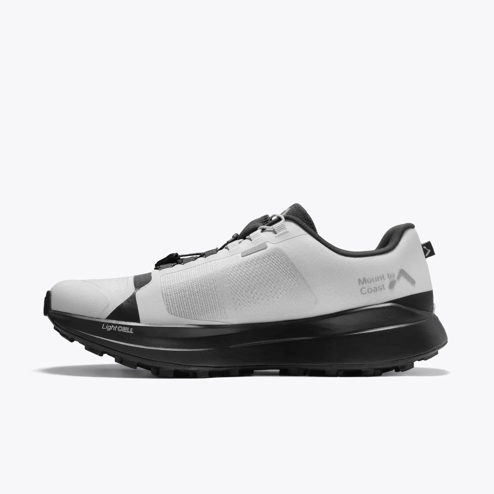 White and black athletic shoe on a white background
