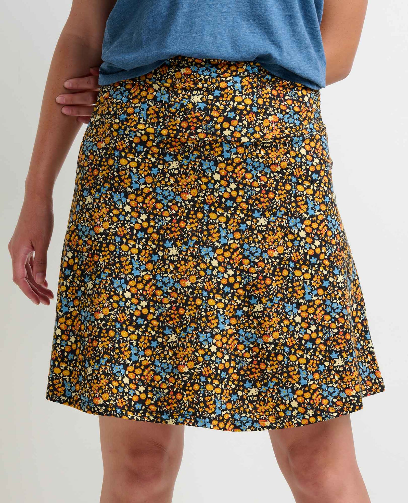 Toad & Co Chaka Skirt Women's in black, ditsy print, front view