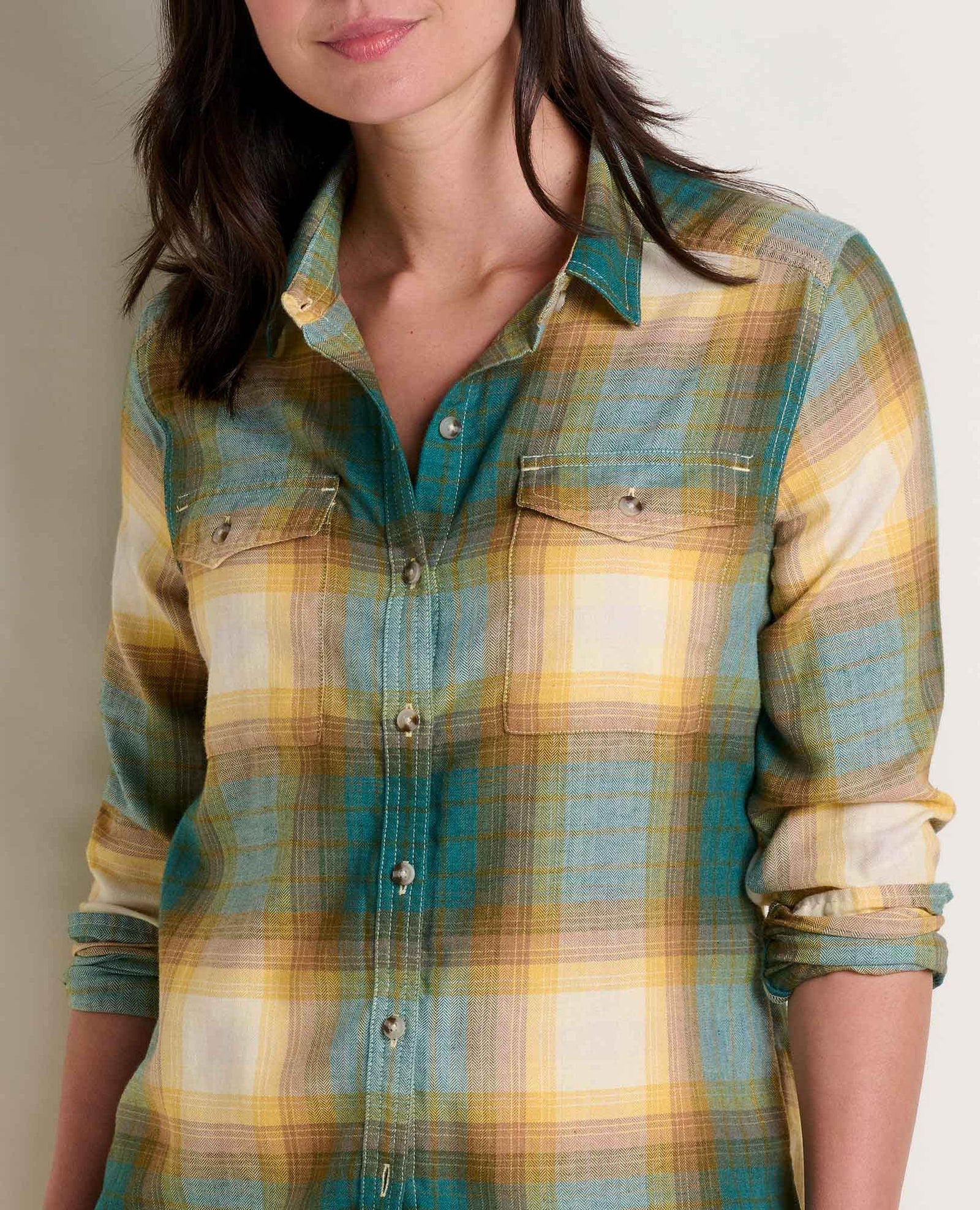 Toad & Co Re-Form Women's Flannel Shirt, color atlantic ombre