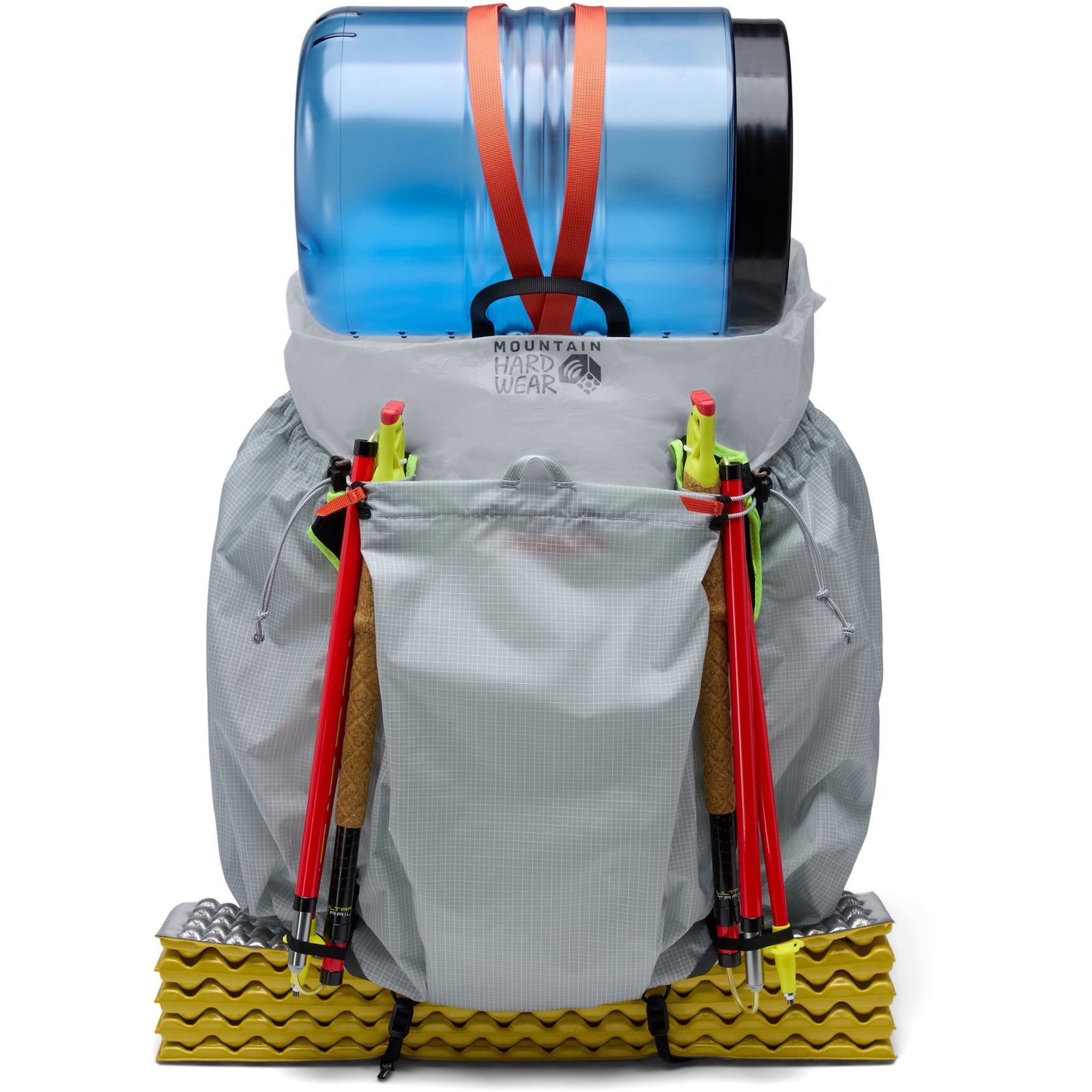 Gray backpack with a water bottle and trekking poles on a white background